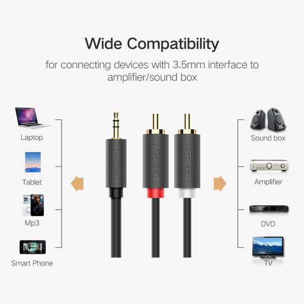 UGREEN 10514 10-Meter RCA Y Splitter Stereo Audio Cable Male Type 3.5mm to 2RCA Audio Adapter for Smartphones Speakers Tablets HDTV MP3 Players For Cheap