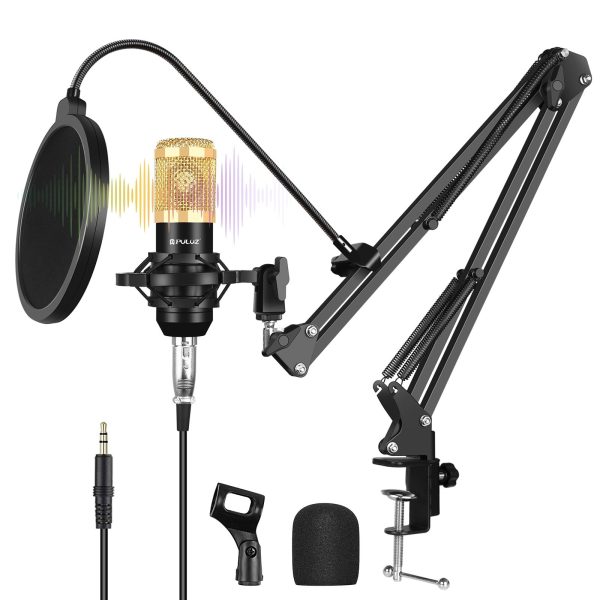 PULUZ PU612B Professional Studio Condenser Microphone USB Sound Card Set with Folding Arm Stand Shock Mount for Live Streaming Recording Songs For Discount